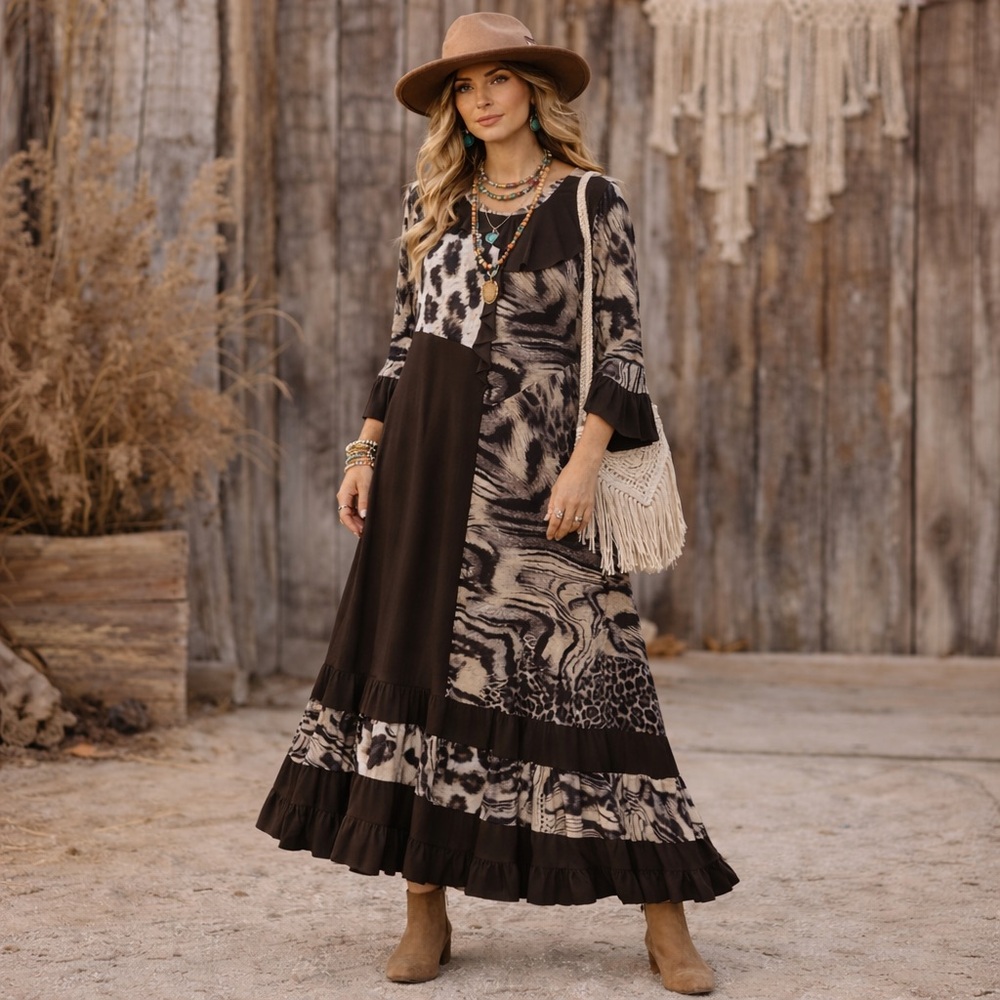 Animal Print Asymetrical Maxi Dress with Bell Sleeves NWOT